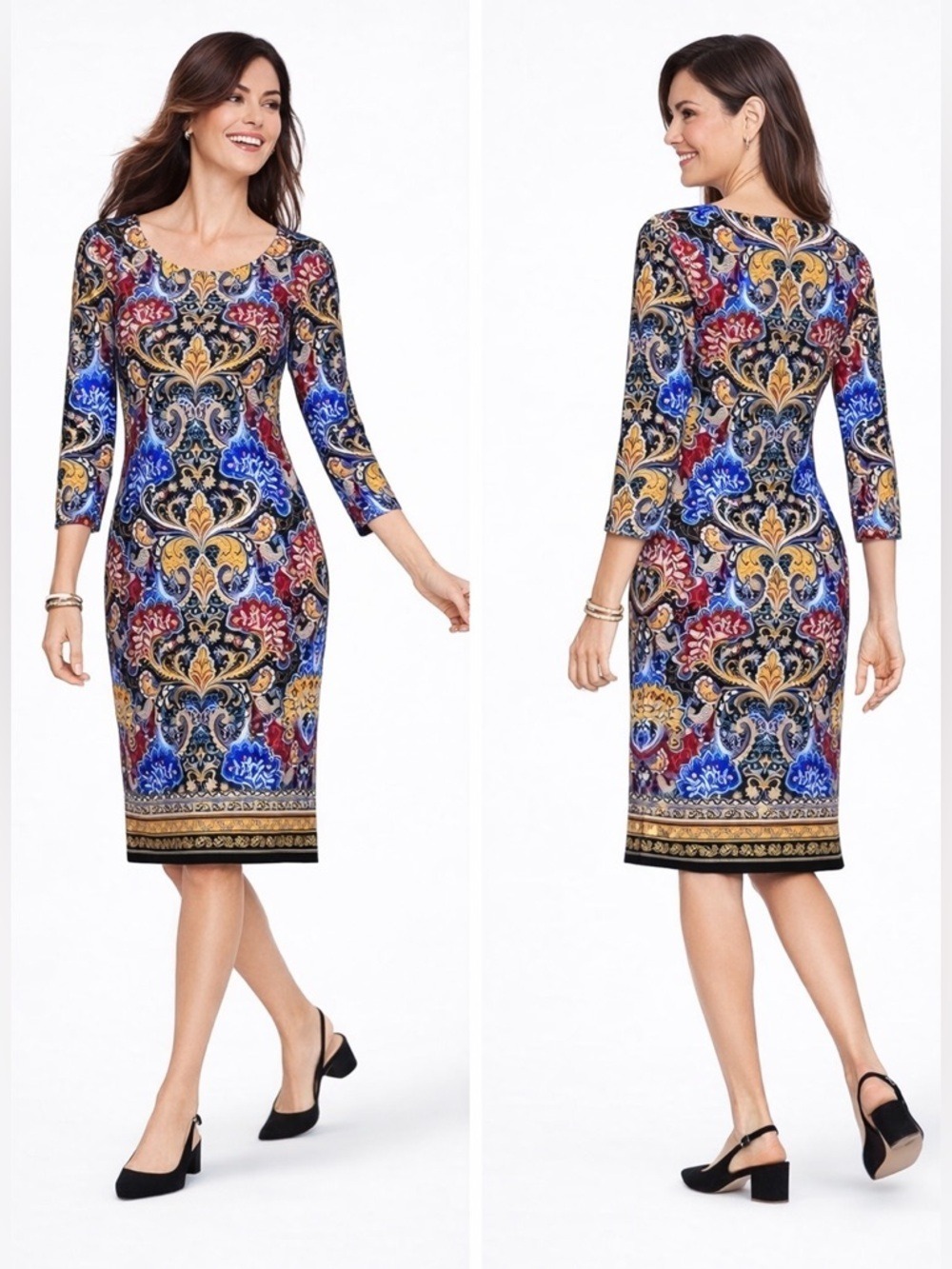 TALBOTS  Paisley Print 3/4 Sleeve Jersey Knit Sheath Dress Popover Style Sz LP